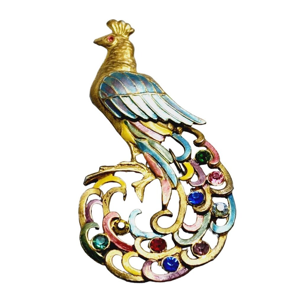 Rare Estate Early Enameled Jeweled Peacock Brooch (A1558)